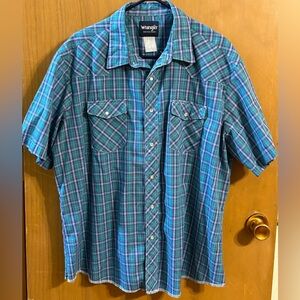 Wrangler‎ Western Plaid Snap Shirt Green Blue Pearl Snap Cowboy Shirt Mens M/L